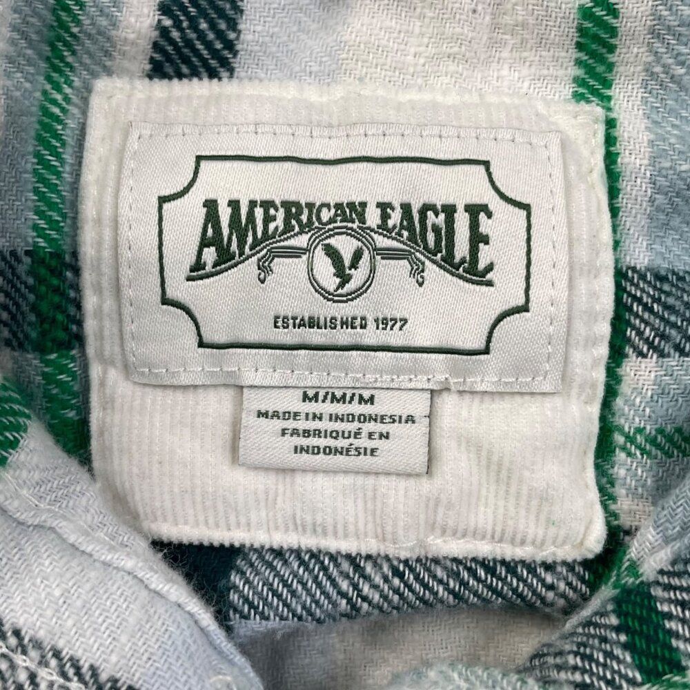 American Eagle Cozy Cabin Hoodie Flannel Shirt Green Plaid Womens Medium - Picture 5 of 8